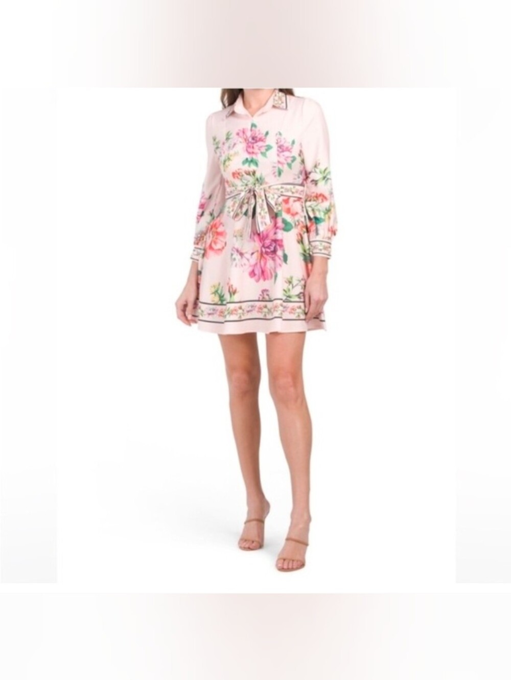 NWT/ Dalia MACPHEE Pink Floral Long-Sleeve Mini Shirt Dress Large( Missing Belt